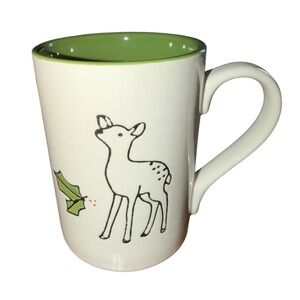 Tag Christmas Fawn Deer Mug White Green Excellent Holiday Woodland Ceramic Cup